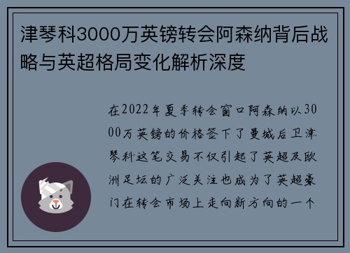 津琴科3000万英镑转会阿森纳背后战略与英超格局变化解析深度